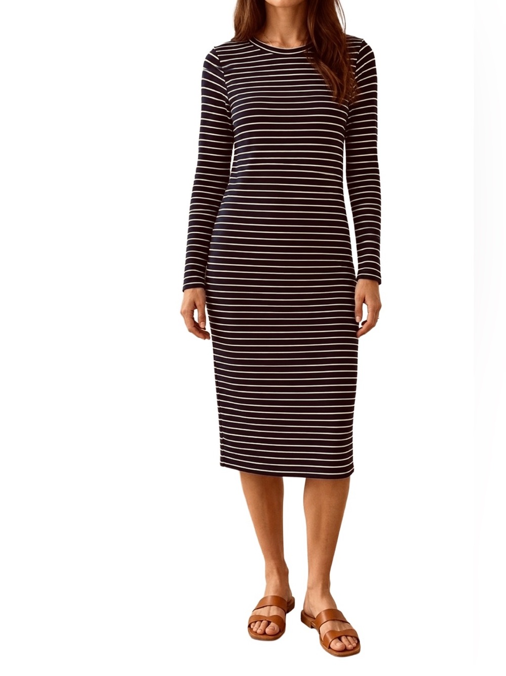 Sonnet James Reese Striped Long-Sleeve Midi Dress in Thick Stretch Knit